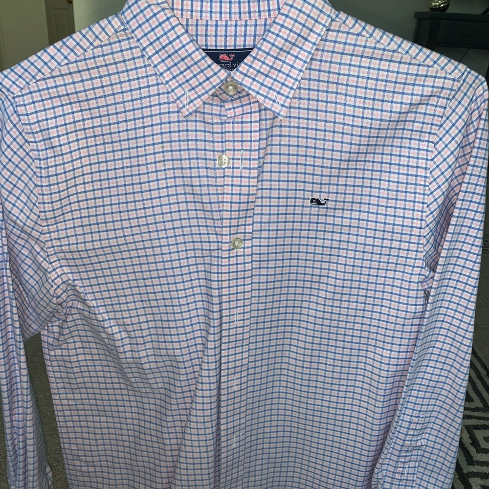 Button done pink and blue plaid